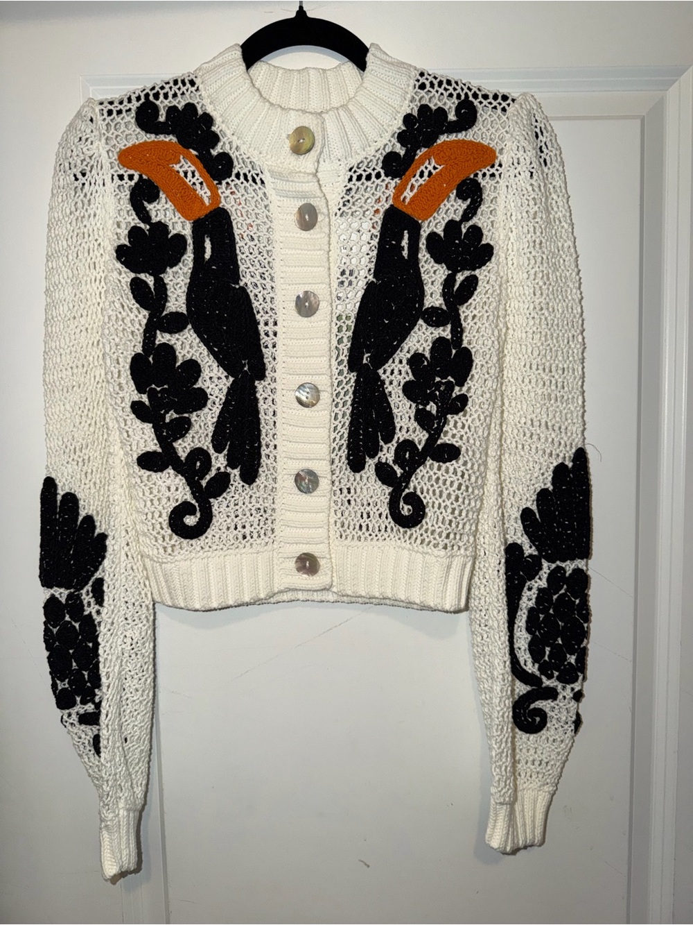 FARM Rio Cream Cropped Cardigan with Black & Orange Bird Motifs